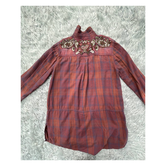 Free People Stevie's Embellished Flannel Plaid Shirt Sequin Sz L - Picture 2 of 4
